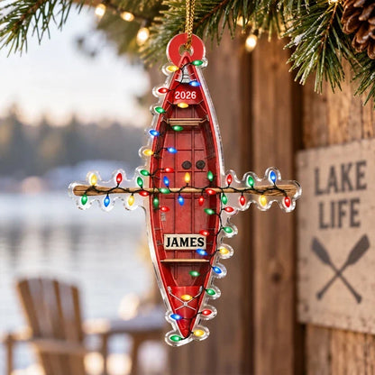 Personalized Red Kayak Acrylic Ornament with Christmas Lights, Unique Gift for Boating Fans