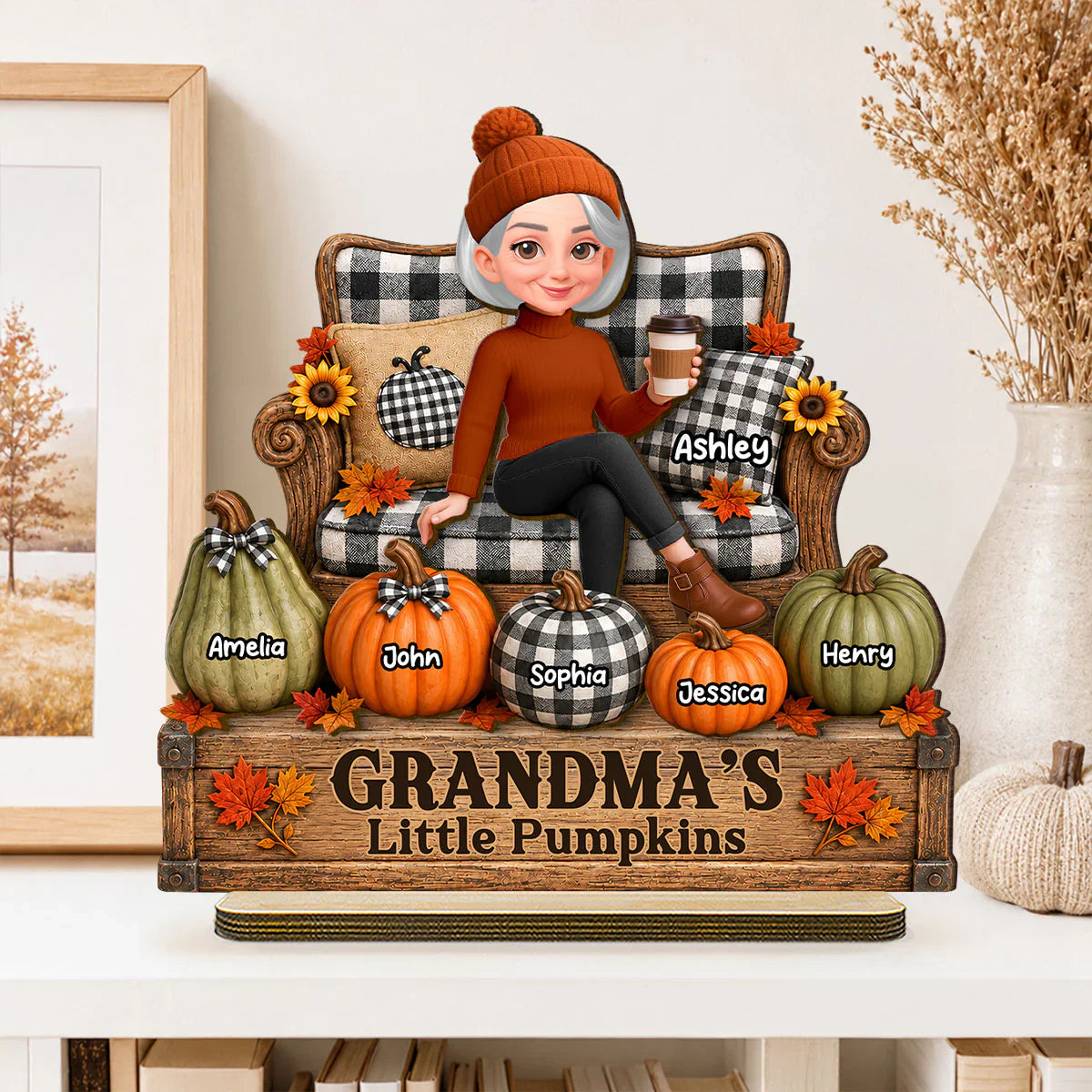 Personalized 2-Layer Wooden Plaque, Seated Grandma & Little Pumpkins Fall Decor, Unique Gift for Grandma