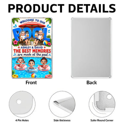 Personalized Rectangular Iron Sign, Cartoon Grandparents & Grandkids Pool Decor, Unique Gift