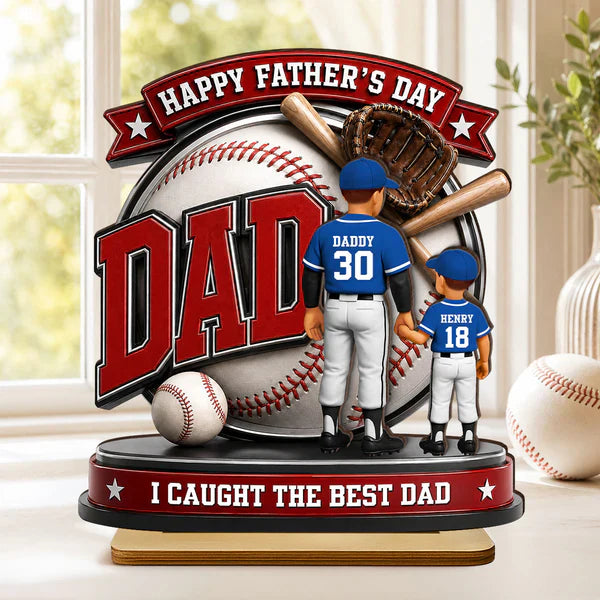Personalized Baseball Dad 2-Layer Wooden Plaque, Holding Hands Scene, Unique Gift for Dad