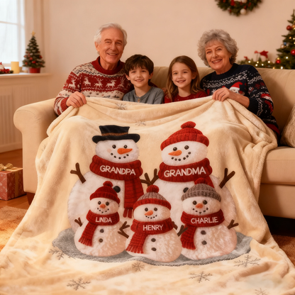 Custom Snowman Family Fleece Blanket, Snuggly Holiday Fleece for Grandma and Grandpa, Unique Personalized Christmas Gift