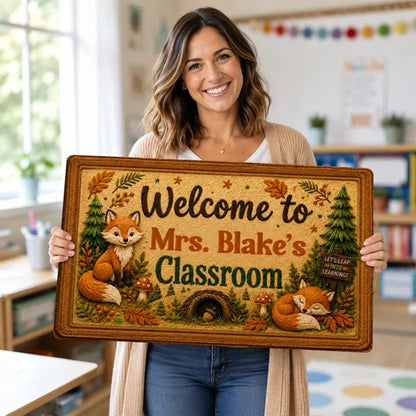 Personalized Standard Doormat With Woodland Foxes For Teacher Classroom, Unique Creative Gift