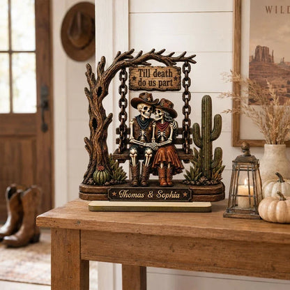 Personalized 2-Layer Wooden Plaque, Cowboy Skeleton Couple Halloween Decor, Unique Gift for Couple