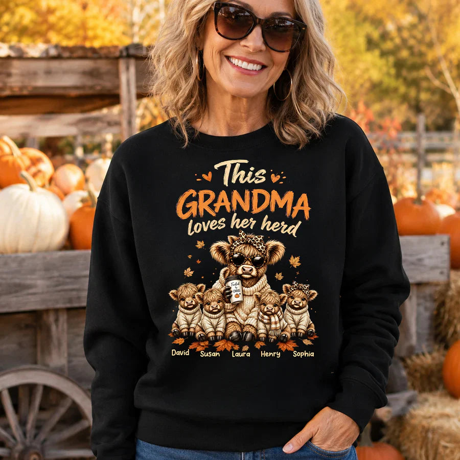 Personalized Grandma Classic Tee, Highland Cow Herd Design, Fall Leaves, Unique Gift for Grandma