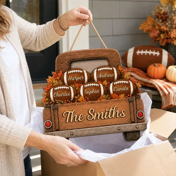 Family Football Wooden Sign, Custom Autumn Pickup Truck Decor, Heartfelt Creative Gift for Parents