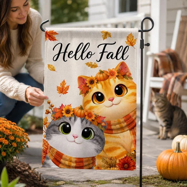 Personalized Garden Flag with Cute Cat in Scarf, Autumn Yard Decor and Unique Gift for Cat Lovers