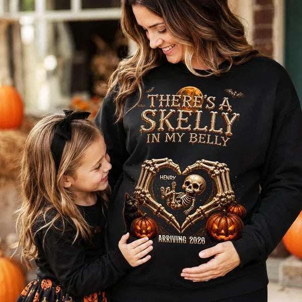 Personalized Sweatshirt, Skelly in My Belly Skeleton Heart Design, Unique Halloween Gift for Mom-to-Be