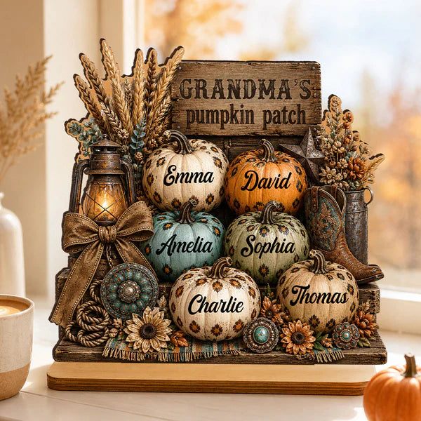 Personalized 2-Layer Wooden Plaque, Grandma's Leopard Pumpkin Patch Fall Decor, Unique Gift for Grandma