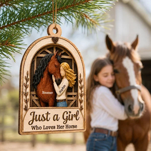 Personalized Wooden Ornament, Girl Hugging Horse in Rustic Barn, Unique Christmas Gift for Horse Lover