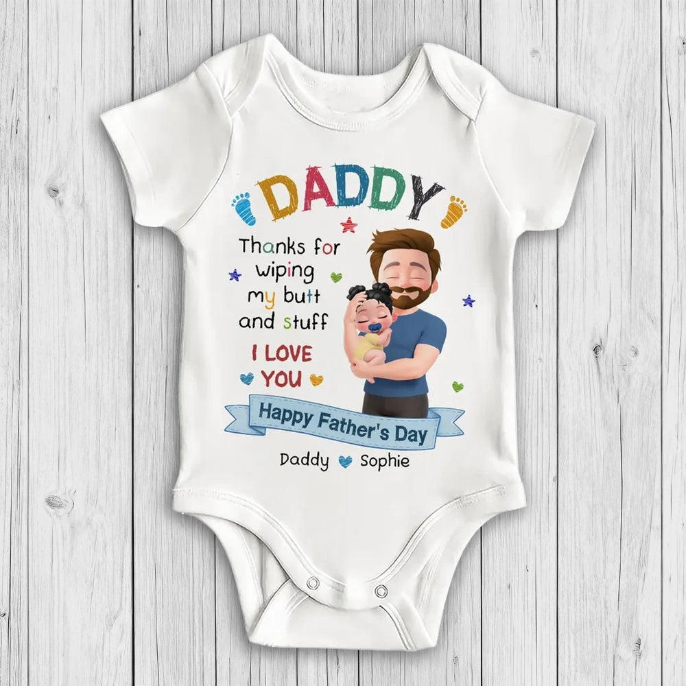 Personalized Short Sleeve Baby Onesie, Hugging Dad & Baby Cartoon, Unique Creative Father's Day Gift for Dad