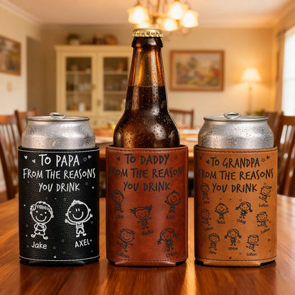 Personalized Leather Can Cooler for Dad, Smiling Kid Doodles, Unique Gift From His Little Crew