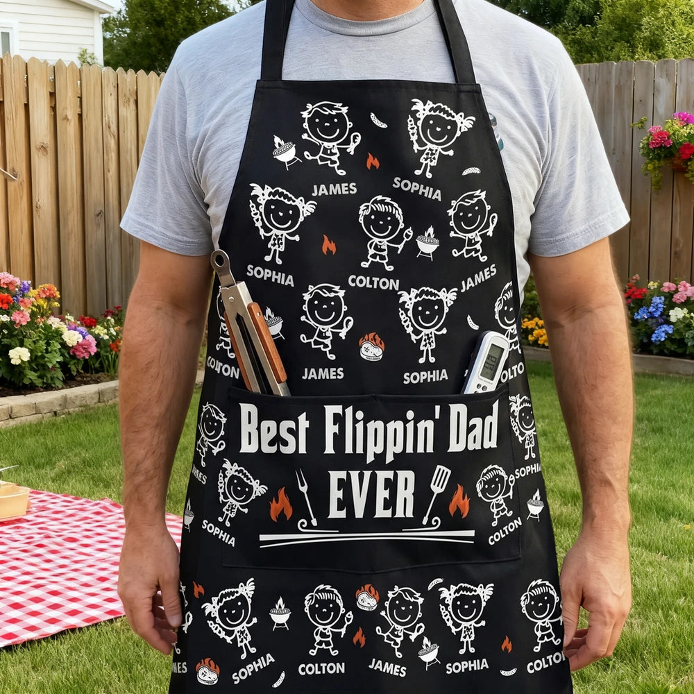 Personalized Waterproof 4-Pocket Apron with Cartoon Kids, Unique Creative Gift for Dad's Grilling