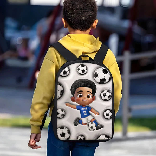Personalized Kids School Backpack, Cute Soccer Player Kicking Ball, Unique Creative Gift For Kids
