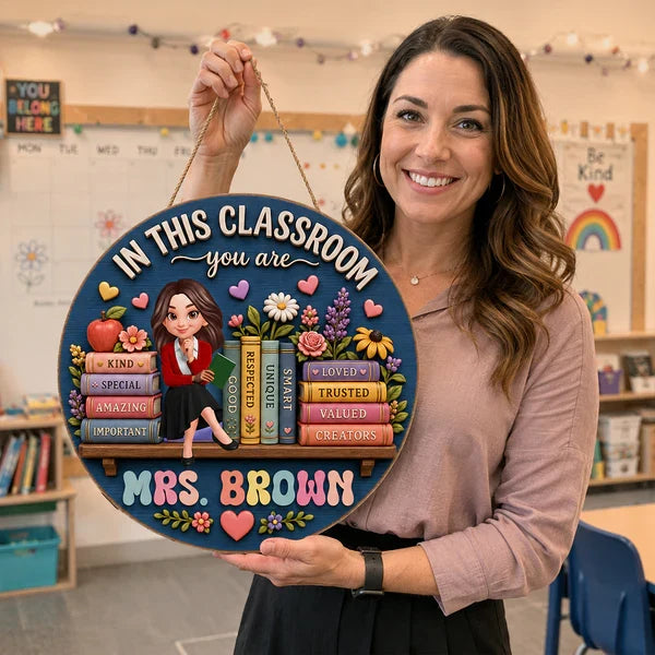 Personalized Wooden Sign With Cartoon Teacher, Books & Flowers, Unique Classroom Gift