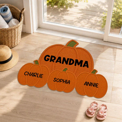 Personalized Pumpkin Shaped Doormat for Grandma, Unique Fall Entryway Gift with Little Pumpkins