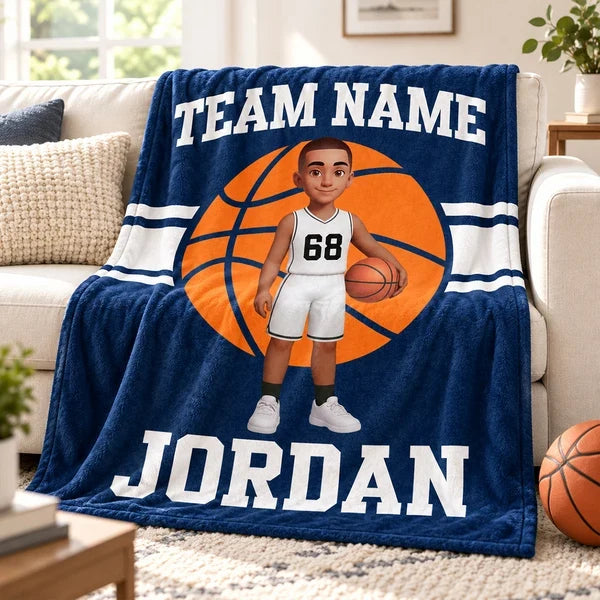 Personalized Fleece Blanket with Cartoon Player Holding a Basketball, Unique Gift for Young Athletes