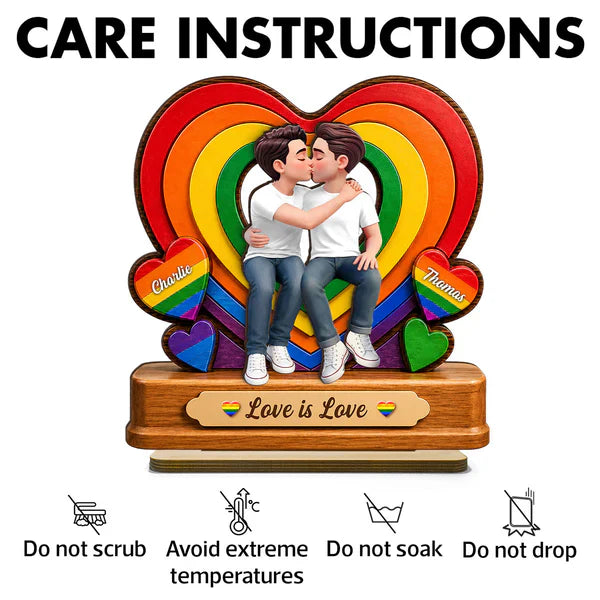 Personalized 2-Layer Wooden Plaque with Kissing LGBTQ Couple, Rainbow Heart, Unique Gift for Partner