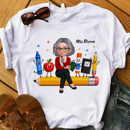 Personalized Teacher Classic Tee With Cartoon School Supplies, Unique Back to School Gift