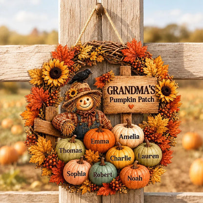 Personalized Wooden Sign with Scarecrow Pumpkin Patch, Autumn Door Decor, Unique Gift for Grandma