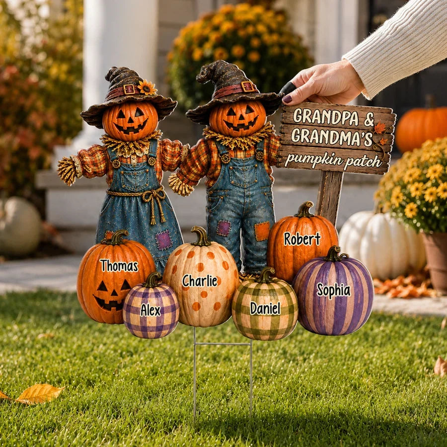Personalized Shaped Yard Sign, Holding-Hands Pumpkin Scarecrows in Warm Fall Colors, Creative Gift for Grandparents