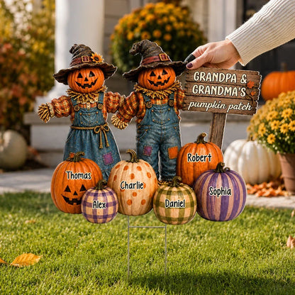 Personalized Shaped Yard Sign, Holding-Hands Pumpkin Scarecrows in Warm Fall Colors, Creative Gift for Grandparents