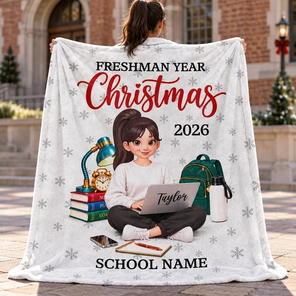 Personalized Fleece Blanket, Freshman Student Studying With Laptop, Unique Christmas Gift