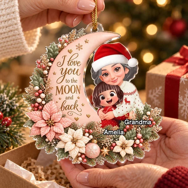 Personalized Acrylic Ornament, Hugging Grandma and Grandchild on a Soft Pink Moon, Unique Christmas Gift
