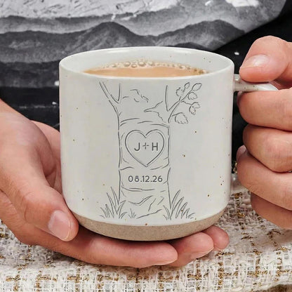 Personalized Pottery Mug, Carved Heart Tree Design, Unique Anniversary Gift for Couple