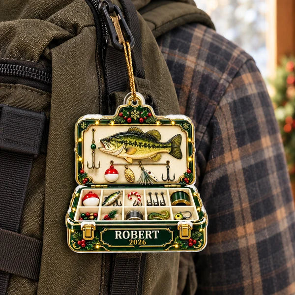 Fishing Tackle Box Ornament, Personalized Bass & Lure Keepsake, Creative Christmas Gift for Husband or Angler