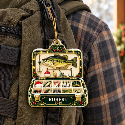 Fishing Tackle Box Ornament, Personalized Bass & Lure Keepsake, Creative Christmas Gift for Husband or Angler