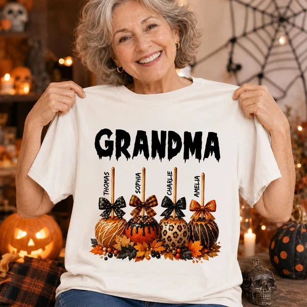 Personalized Grandma Classic Tee, Halloween Caramel Apple Design, Unique Gift for Grandma