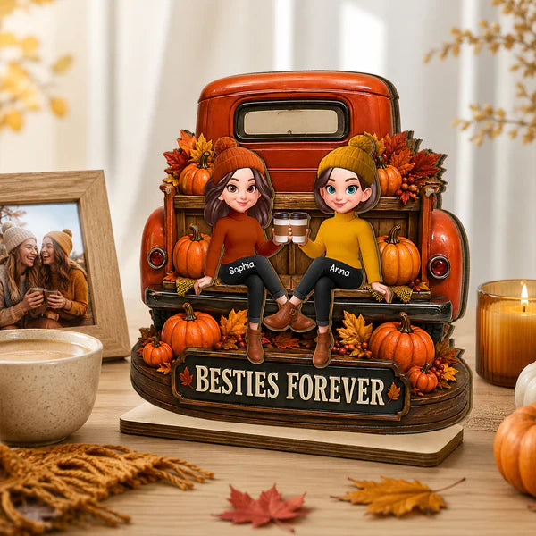 Personalized 2-Layer Wooden Plaque, Fall Truck Besties Forever, Unique Gift for Friend
