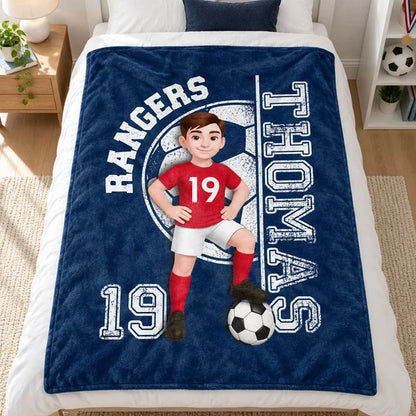 Personalized Fleece Blanket, Soccer Player Posing with Ball, Unique Navy Gift for Son or Grandkid