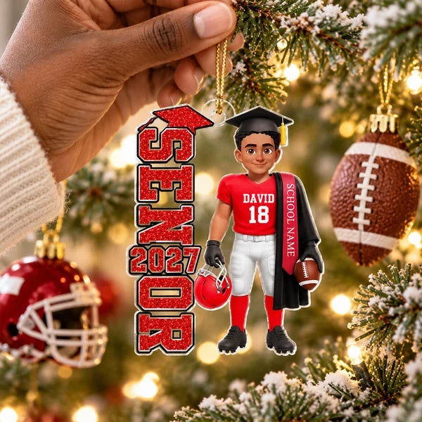 Personalized Football Senior Acrylic Ornament, Graduate Holding Helmet, Unique Graduation Gift for Son