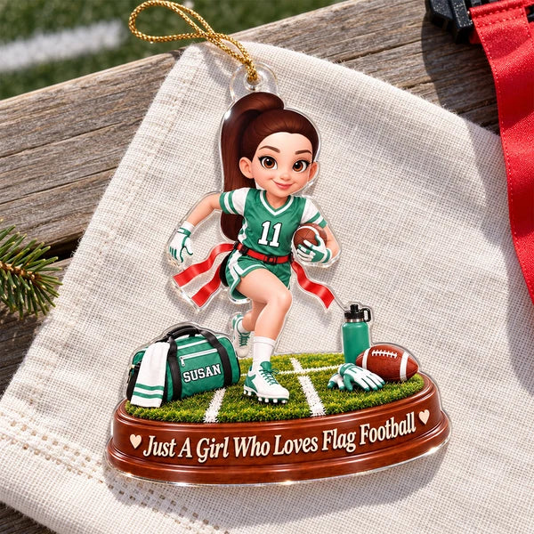 Personalized Acrylic Ornament, Flag Football Girl Running on Field, Unique Christmas Gift for Daughter