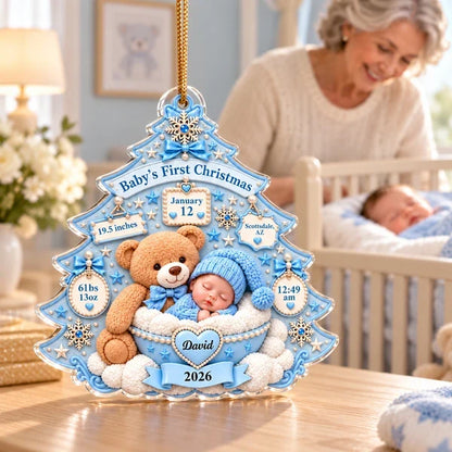 Baby's First Christmas Acrylic Ornament, Sleeping Baby and Teddy Bear Keepsake, Personalized Creative Gift for Family