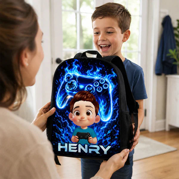 Personalized Kids School Backpack, Neon Gamer Design for Son or Daughter, Unique Back to School Gift