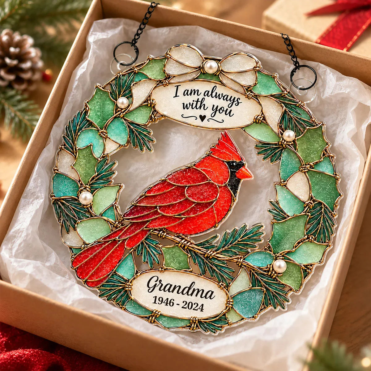 Personalized Acrylic Suncatcher Ornament, Red Cardinal Wreath for a Sunlit Window, Unique Memorial Gift for Family