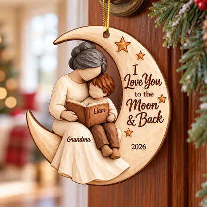 Personalized Wooden Ornament, Grandma & Grandchild Reading on Moon, Unique Christmas Gift for Grandkids