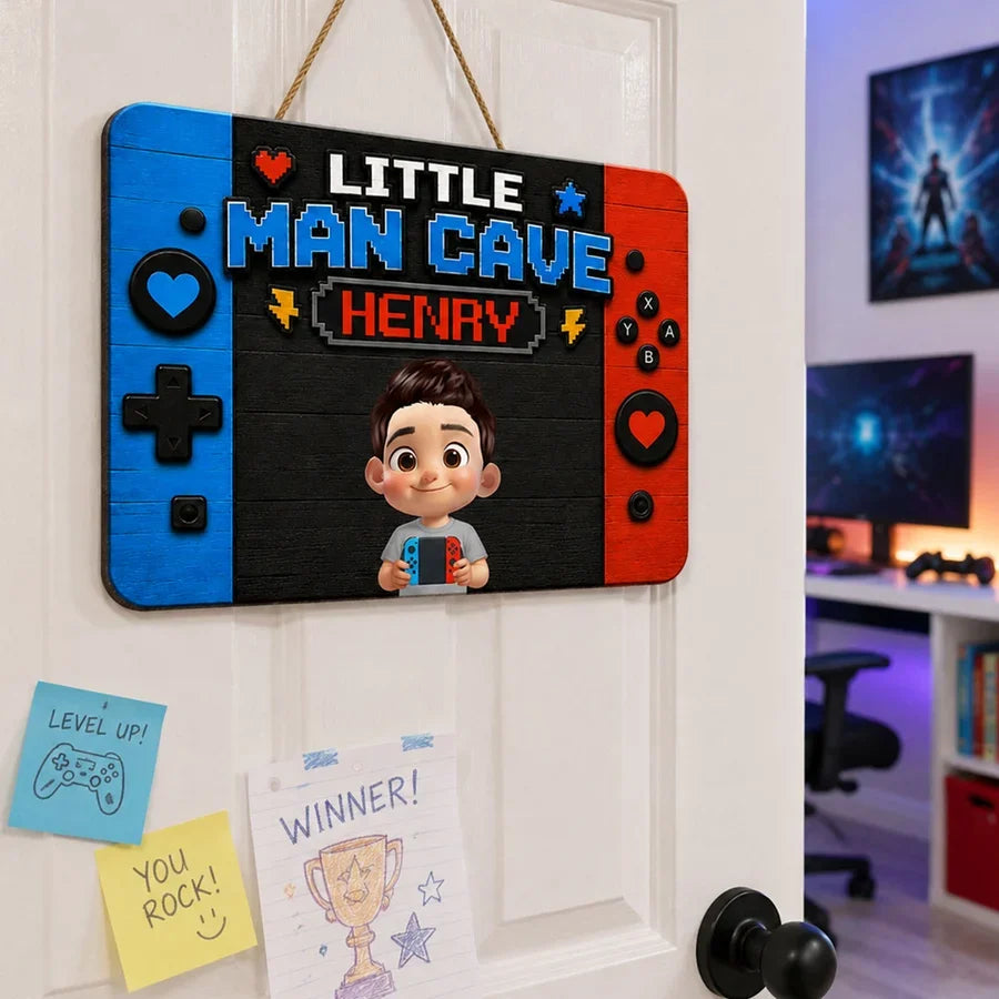 Personalized Little Man Cave Wooden Sign, Cartoon Gamer Holding Controller, Unique Gift for Boys and Gamers