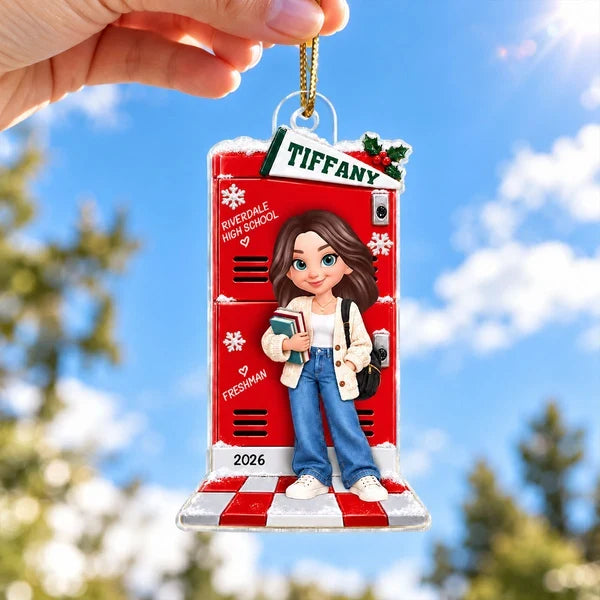 Personalized Acrylic Ornament, Student Holding Books by a Festive School Locker, Unique Christmas Gift for Daughter