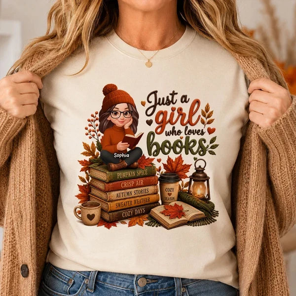 Personalized Classic Tee, Warm Autumn Reading Girl, Just a Girl Who Loves Books, Unique Gift for Readers