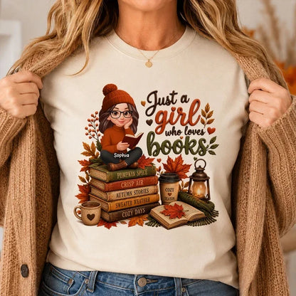 Personalized Classic Tee, Warm Autumn Reading Girl, Just a Girl Who Loves Books, Unique Gift for Readers