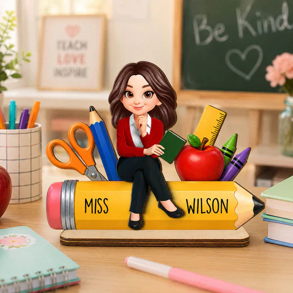 Personalized Wooden Plaque, Teacher Sitting on Pencil Classroom Decor, Unique Creative Gift for Teacher