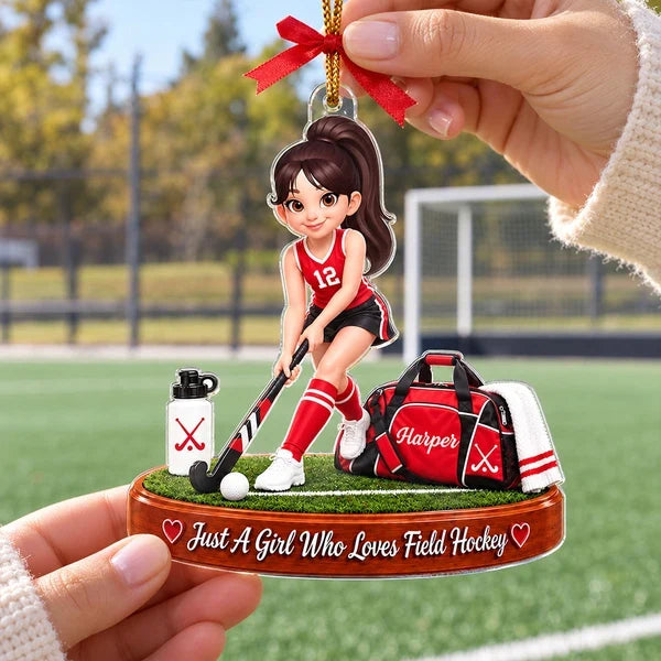 Personalized Acrylic Ornament, Girl Playing Field Hockey on the Pitch, Unique Christmas Gift for Daughter