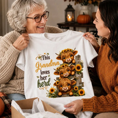 Grandma Loves Her Herd Sweatshirt, Personalized Sunflower Cow Art, Creative Gift for Grandma
