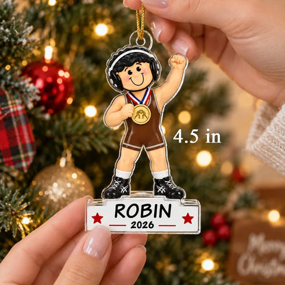 Personalized Acrylic Ornament, Cartoon Wrestling Champion on Christmas Tree, Unique Gift for Son