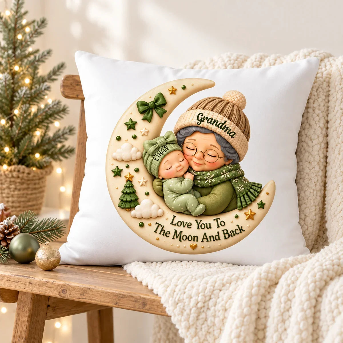 Personalized Square Pillow with Hugging Grandma and Baby on a Christmas Moon, Unique Gift for Grandma