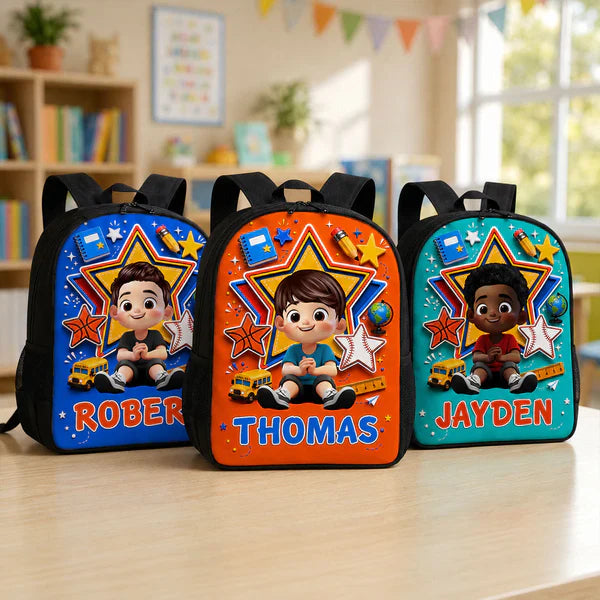 Personalized Kids School Backpack with Sitting Cartoon Boy, Classroom Style, Creative Gift for Son