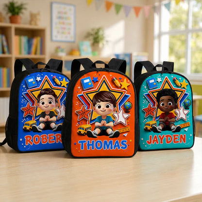 Personalized Kids School Backpack with Sitting Cartoon Boy, Classroom Style, Creative Gift for Son